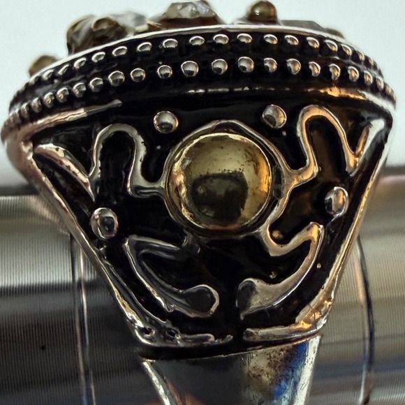 Statement Ring Multi Gemstone Gold and Silver Tone Mixed Metal Adjustable Band - Picture 11 of 12